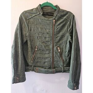 Zara Basic Moto Jacket Olive Green Textured Full Zip Belted Size L